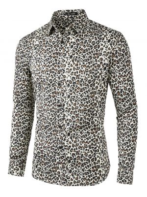 Men Vintage Leopard Print Button Down Long Sleeve Cotton Casual Shirt