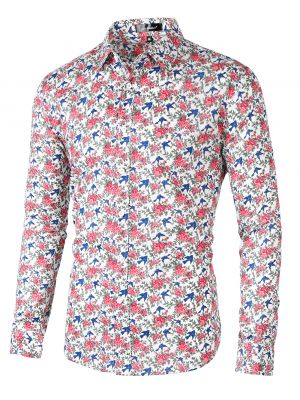 Men Bird Floral Tropical Printed Long Sleeve Button Down Flower Casual Shirt