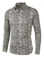 Men Vintage Leopard Print Button Down Long Sleeve Cotton Casual Shirt